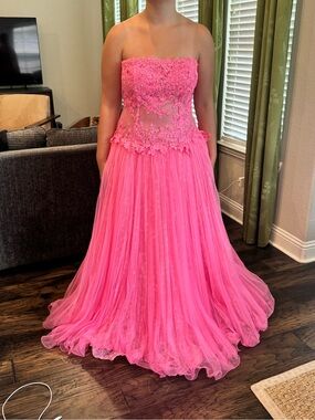 Sherri Hill Hot Pink Strapless Lace Appliqué Prom Gown